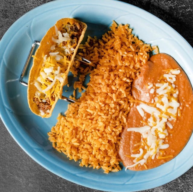 One Beef Taco, Rice & Beans.