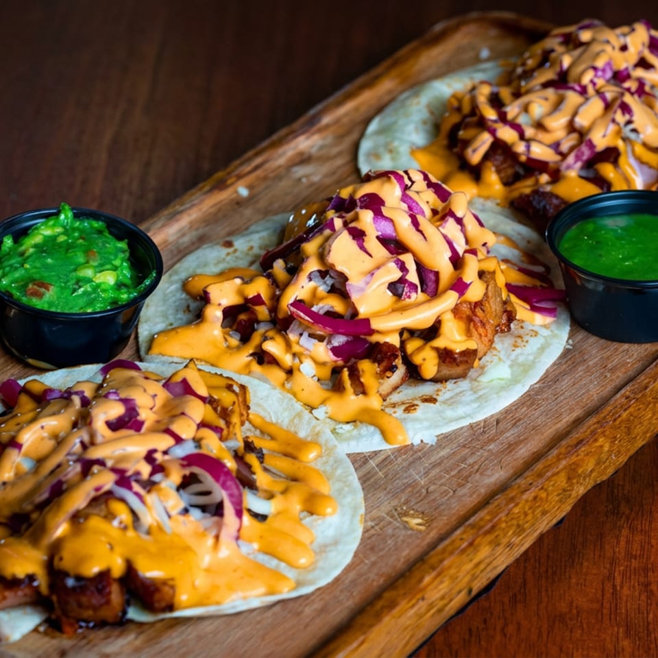 Three tacos topped with crispy filling, purple cabbage, and orange sauce on a wooden platter with guacamole and green salsa.