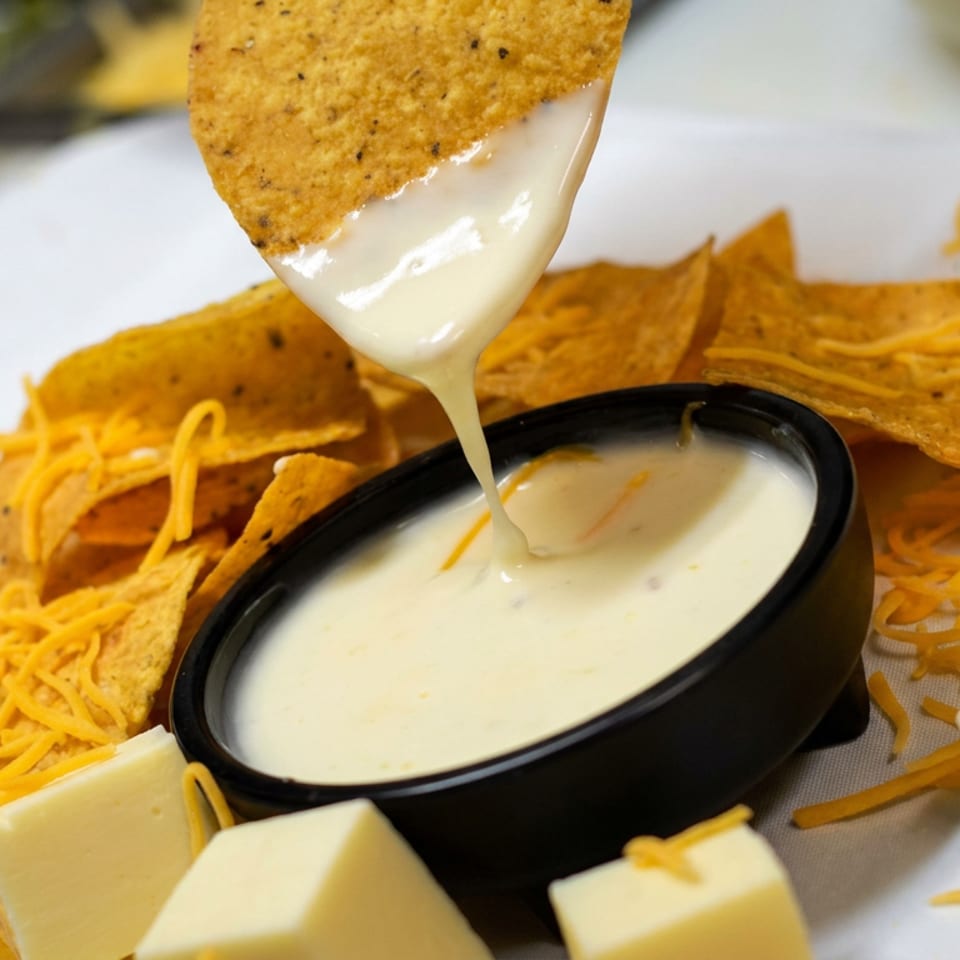 Tortilla chips topped with shredded cheese surround a bowl of creamy queso dip, with a chip drizzled in cheese sauce.