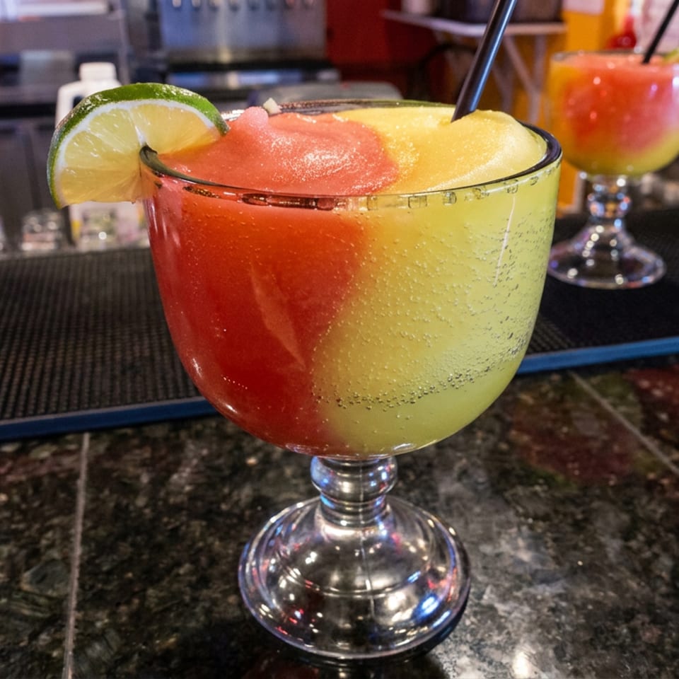 Colorful frozen cocktail in a margarita glass, garnished with lime, sits on a restaurant bar beside another drink.