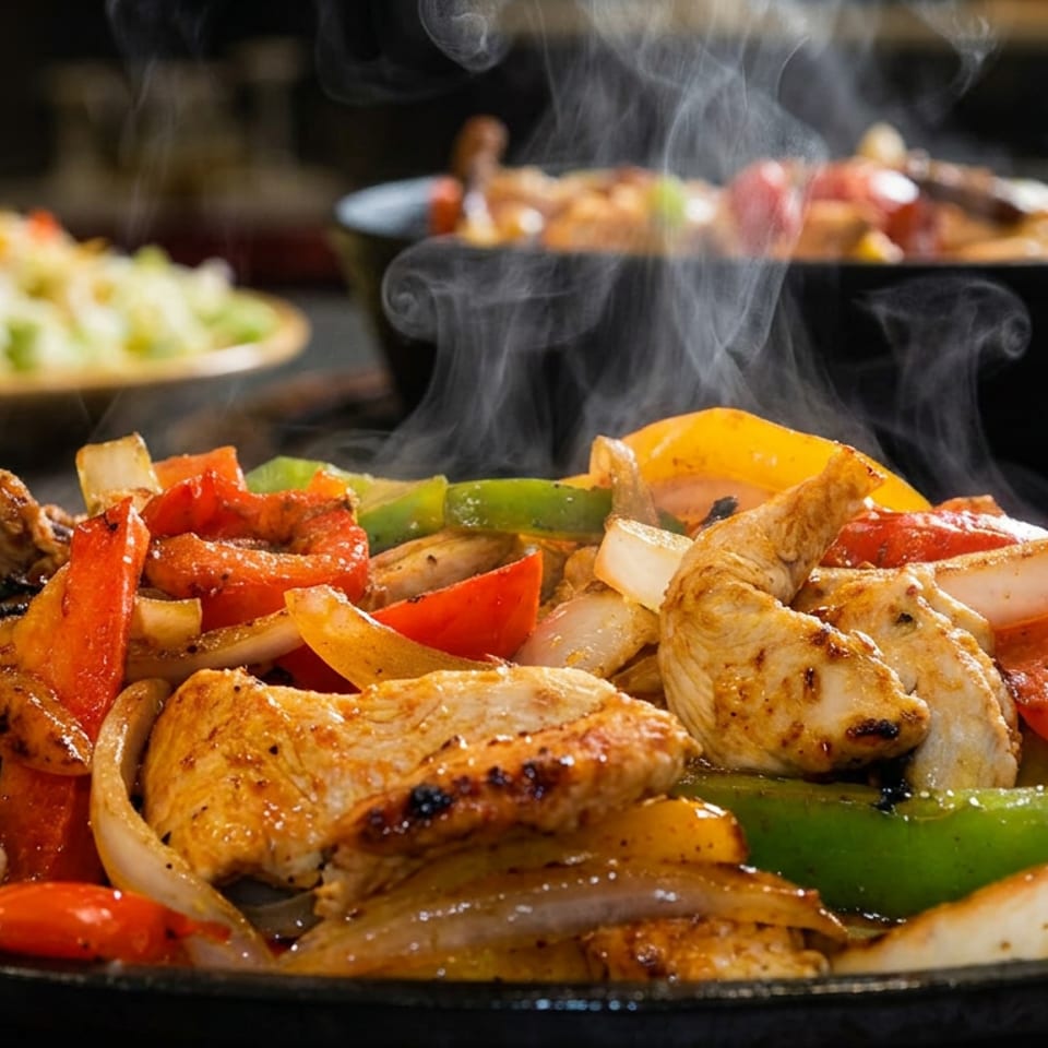 Steaming sizzling platter of grilled chicken, peppers, onions, tomatoes, and vegetables served with side dishes.