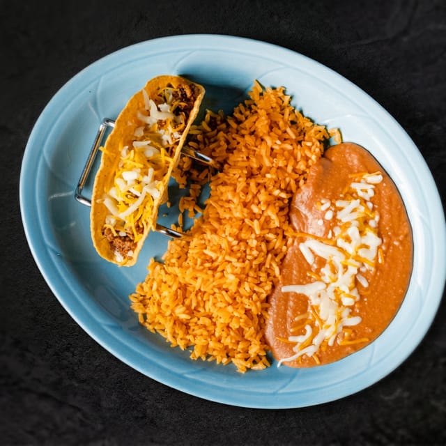 One Beef Taco, Rice & Beans.